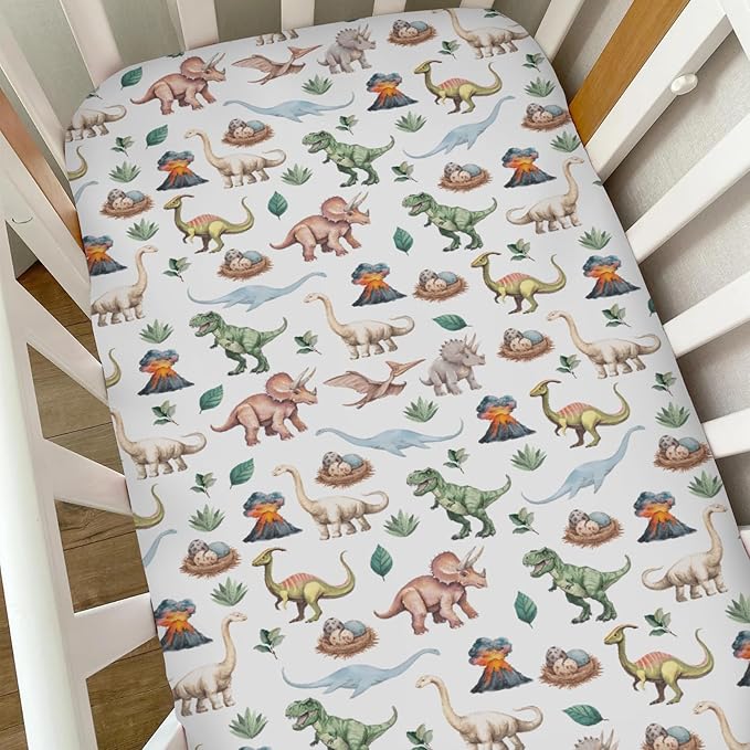 Watercolor Dinosaurs Baby Crib Sheets for Boy Girl Dino Eggs Leaves Volcano Adventure Soft Snug Fitted Crib Mattress Covers Fit 52''x28'' Standard Crib & Toddler Mattress Jungle Animal Bed Sheets