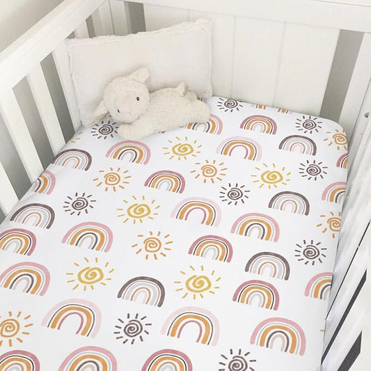 Boho Sunshine Rainbow Baby Crib Sheets 52''x28'' Colorful Rainbow Sun Stretchy Fitted Crib Mattress Cover for Boy Girl Soft Baby Nursery Bed Sheet for Standard Crib and Toddler Mattresses