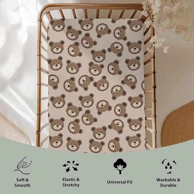Neutral Boho Bears Baby Crib Sheets for Boy Girl 52x28Inch Cute Brown Bear Soft Snug Fitted Crib Mattress Covers Watercolor Bears Nursery Baby Sheet for Crib and Toddler Bed Mattresses