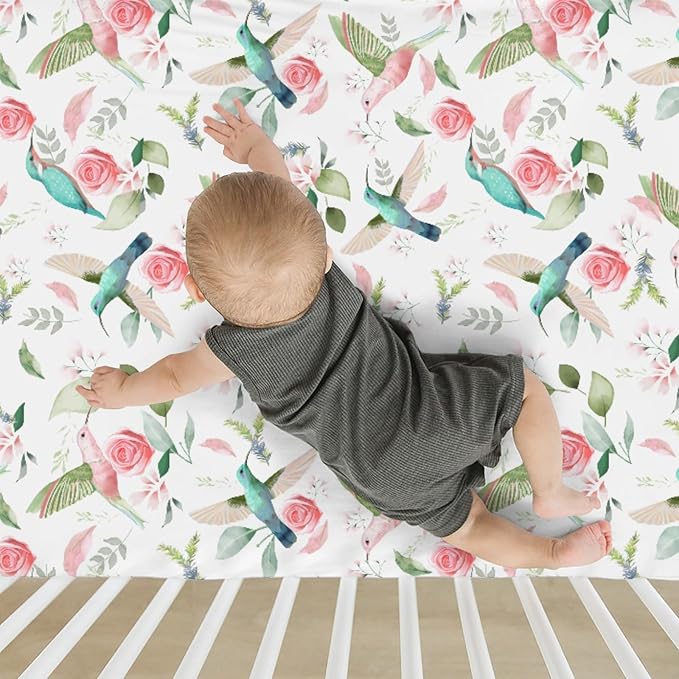 Hummingbird Greenery Floral Baby Crib Sheets for Boy Girl 28"x52" Spring Birds Leaves Soft Snug Fitted Crib Mattress Cover Forest Animals Nursery Baby Sheet for Standard Crib & Toddler Mattress Pad