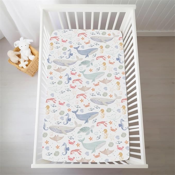 Boho Ocean Animals Baby Crib Sheets for Boys Girls Sea Horse Whale Turtle Crab Fish Soft Stretchy Crib Mattress Fitted Cover for 52''x28'' Standard Crib & Toddler Mattresses Marine Coastal Bed Sheets