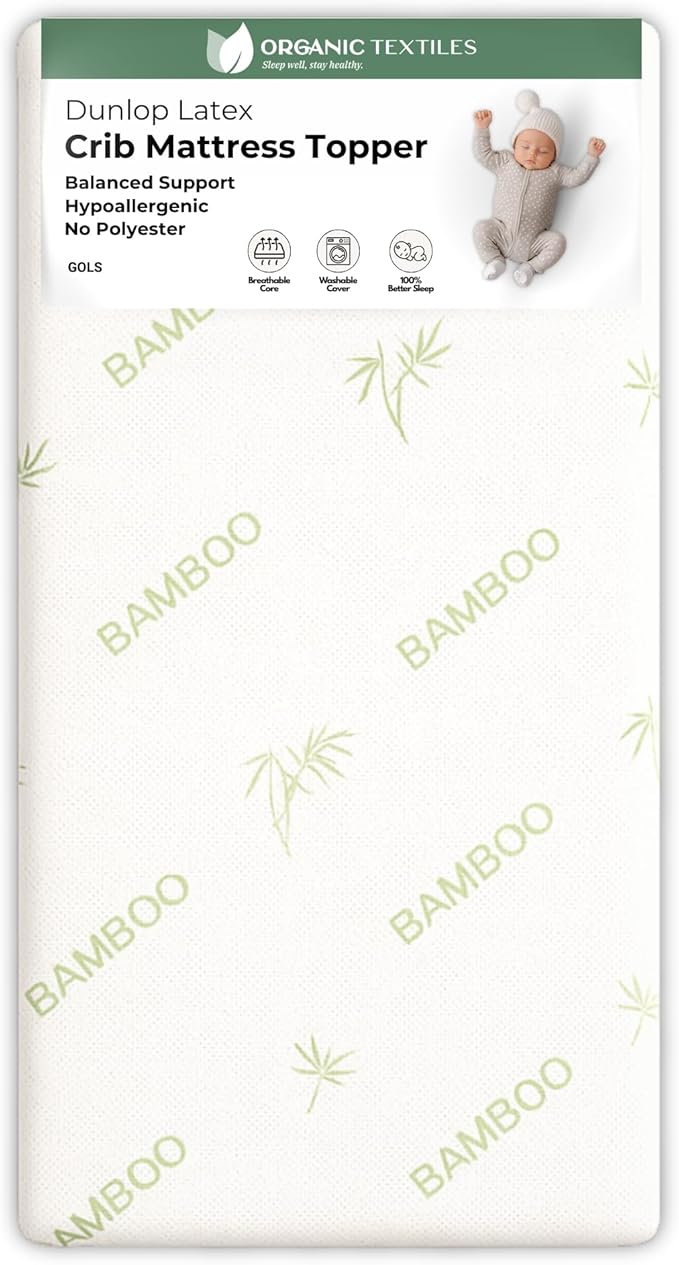 Organic Baby Mattress Topper with Rayon Derived Bamboo Cover - GOLS/GOTS Certified - Breathable, Hypoallergenic, Non-Toxic, USA Made - 2" Standard (52"x28")