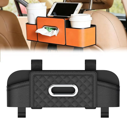 Car Organizer With Tissue Holder, Car Organizer & Storage Box, 5-in-1 Car Organizer Back of Seat, 2 Deep Cup Holders, Tissue Box Holder, Phone & Bag Hooks Zoning Storage (Black-B)