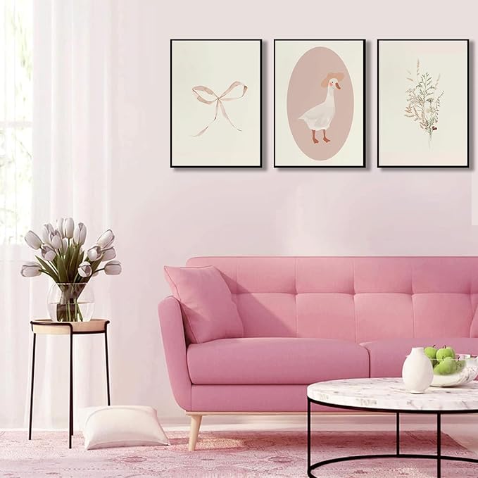 3Pcs Girls Nursery Wall Art Vintage Goose Wall Decor Pictures Pink Bow Poster Prints Kids Room Painting Artwork for Girls Room Bedroom Living Room Home Decoration,16x24in