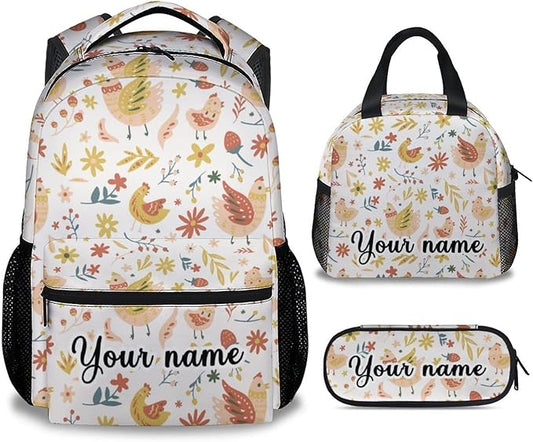 COOPASIA Personalized Chicken Backpack with Lunch Box and Pencil Case, 16 Inch Chicken Theme Bookbag with Adjustable Straps, Lightweight, Durable, Large Capacity, School Backpack for Girls Women