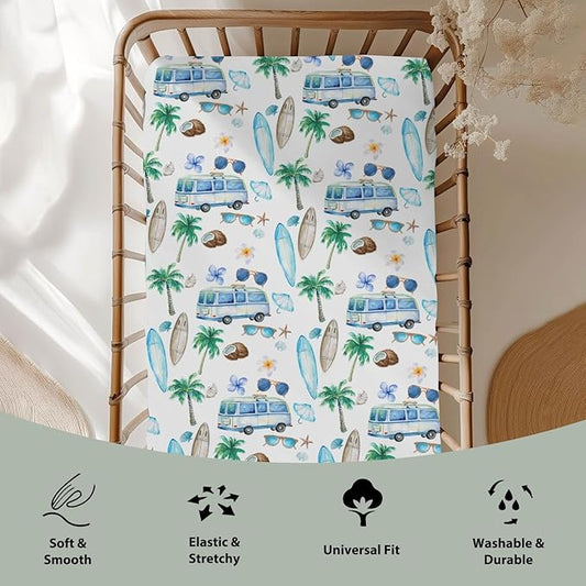 Watercolor Boho Surfing Baby Crib Sheets for Boy Girl 52x28Inch Surfboard Tropical Palm Trees Flowers Soft Snug Fitted Crib Mattress Cover Summer Beach Baby Sheet for Standard Crib & Toddler Mattress