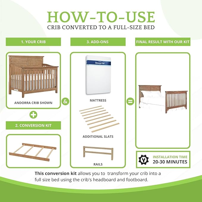 Full-Size Conversion Kit Bed Rails for Evolur Cribs - Solid Wood Crib Convertible Kit to Kids Bed - Transitional Style Rails & Easy-to-Install Child Essentials for Safety (Barnwood)