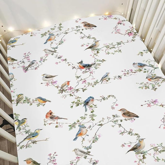Watercolor Cute Birds Baby Crib Sheets for Boy Girl 52"x28" Spring Garden Bird Floral Leaves Soft Snug Fitted Crib Mattress Cover Sparrow Farmhouse Baby Sheet for Standard Crib and Toddler Mattress