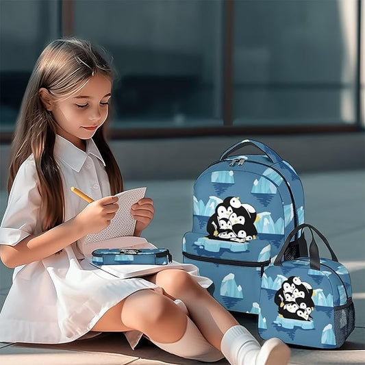 COOPASIA Penguin Backpack with Lunch Box and Pencil Case, 16 Inch Penguin Theme Bookbag with Adjustable Straps, Durable, Lightweight, Large Capacity, School Backpack for Girls Women