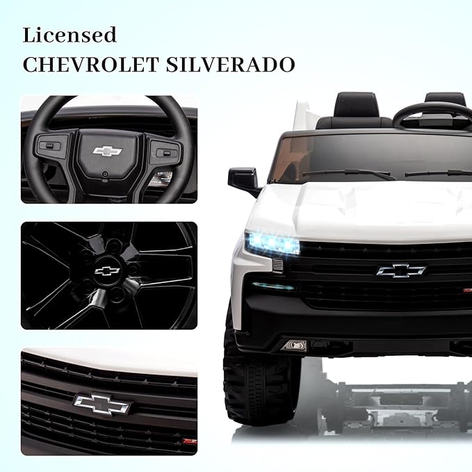 GarveeLife 24V 2-Seater Truck Licensed Chevrolet Silverado Ride On Car Kids Toy, Electric Vehicle Car for Toddlers with Parent Remote Control, White