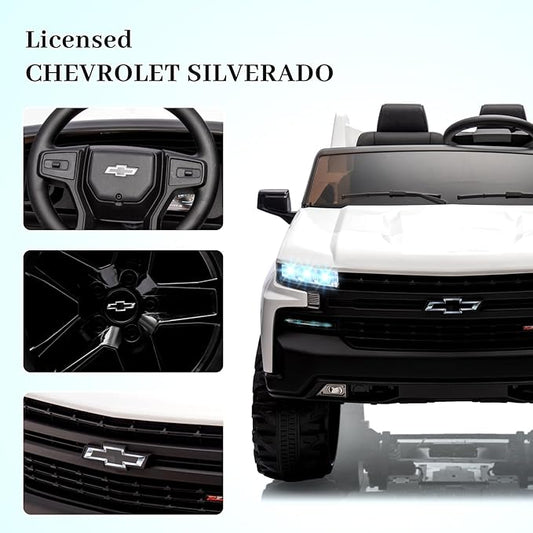 GarveeLife 24V 2-Seater Truck Licensed Chevrolet Silverado Ride On Car Kids Toy, Electric Vehicle Car for Toddlers with Parent Remote Control, White