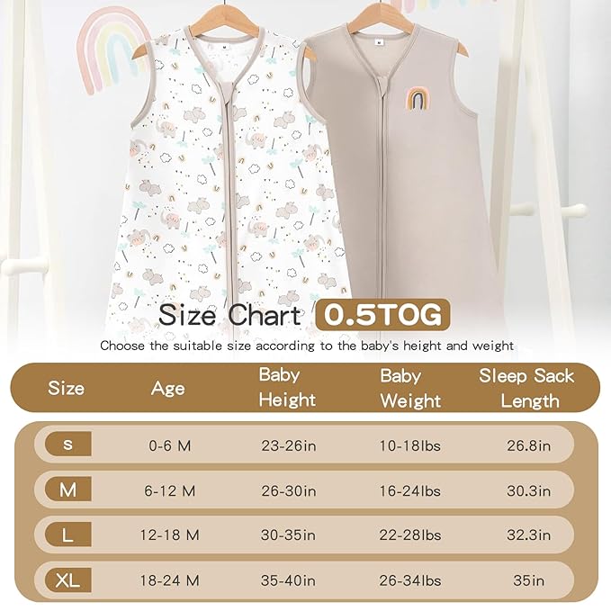 TILLYOU 2 Pack Baby Sleep Sack 12-18 Months 100% Cotton Wearable Blanket 0.5 TOG Sleeveless Summer Sleep Sacks with 2-Way Zipper, Happy Forrest & Nude