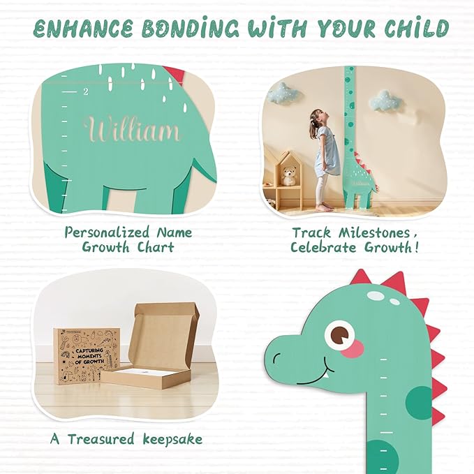 Woodemon Personalized Name Growth Chart, Dinosaur Wooden Height Chart, Thick Height Measuring Board, Kids Height Tracker for Nursery Decor, Baby Boy Girl Measurement Ruler, Growth Charts Ruler