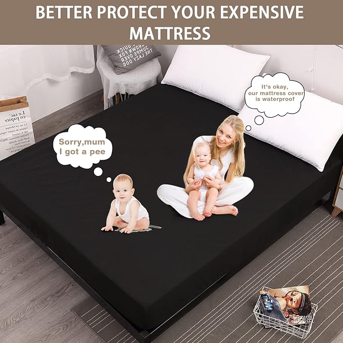 Mecerock Mattress Protector, Breathable and Soft Waterproof Mattress Protector, Mattress Cover, Black Mattress Cover Queen Size Bed