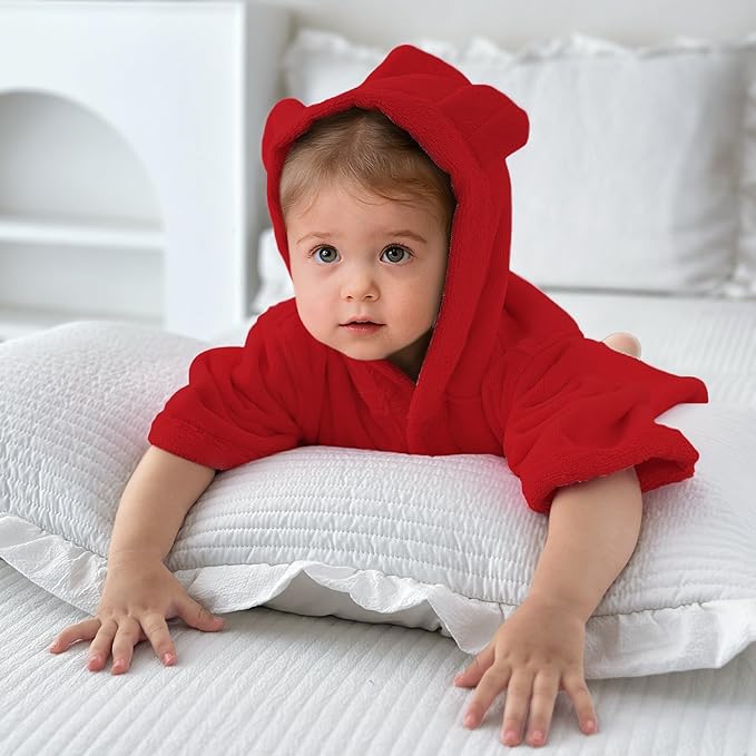 VOOVA & MOVAS Baby Hooded Towel with Bear Ear, 0-3Years | 100% Cotton, Ultra-Soft & Absorbent | Gentle for Sensitive Skin, Bath, Pool & Beach Towel | Newborn (Red)