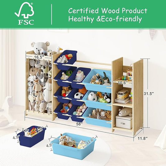 EXPERLAM 3-in-1 Toy Storage Organizer, Stuffed Animal Holder & 3-Tier Bookcase, Solid Wood Toy Organizer with 12 Storage Bins, Space-Saving Toy & Book Shelf for Kids Rooms, Bedroom, Playroom, Blue
