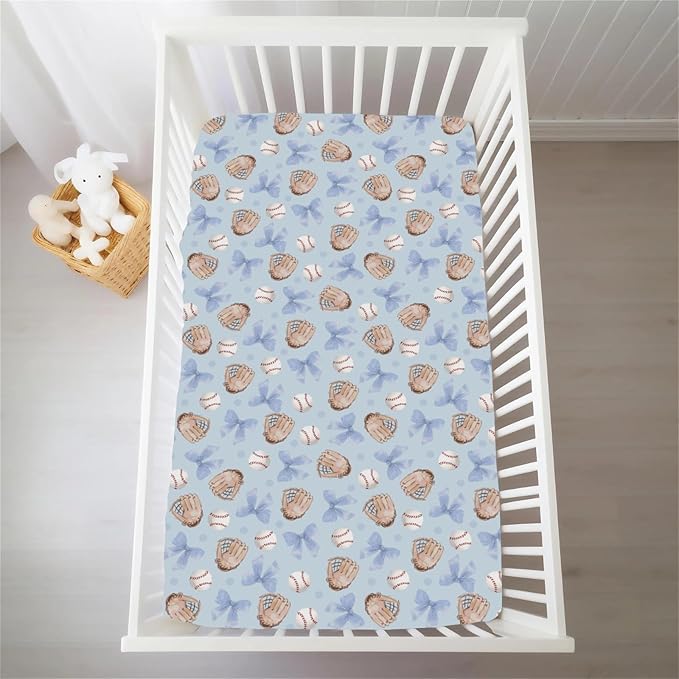 Pastel Blue Baseball Bows Baby Crib Sheets for Boys Watercolor Boy Baseball Soft Snug Fitted Crib Mattress Covers for 52''x28'' Standard Crib & Toddler Mattresses Outdoor Sports Bed Sheets