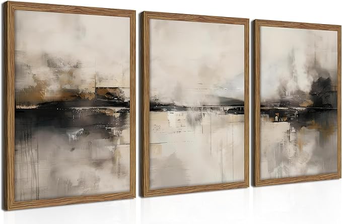 Neutral Abstract Wall Art Set of 3, Modern Black Brown Abstract Wall Decor Paintings, Minimalist Beige Textured Prints Pictures for Living Room Bedroom Office Home Decor 16x24 Inch Wood Framed