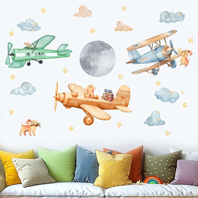 Amimagen Airplane Wall Decals - Puppy Aircrafts Wall Stickers - Kids Baby Boys Nursery Children Daycare Bedroom Playroom Wall Decor