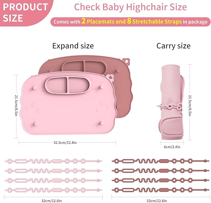 Baby Placemats for Weaning Babies - 2 Silicone Toddler Placemat with 4 Strong Suction Cups & 8 Stretchable Straps | BPA-Free Baby Table Mat for Restaurants, Dining Table & Toddler Mealtime