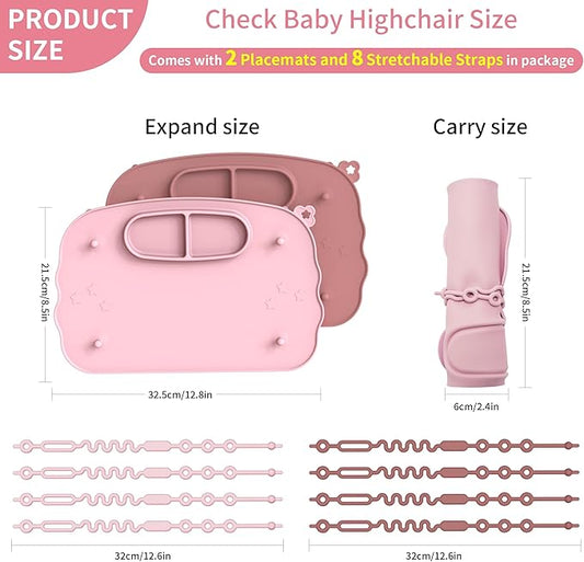 Baby Placemats for Weaning Babies - 2 Silicone Toddler Placemat with 4 Strong Suction Cups & 8 Stretchable Straps | BPA-Free Baby Table Mat for Restaurants, Dining Table & Toddler Mealtime