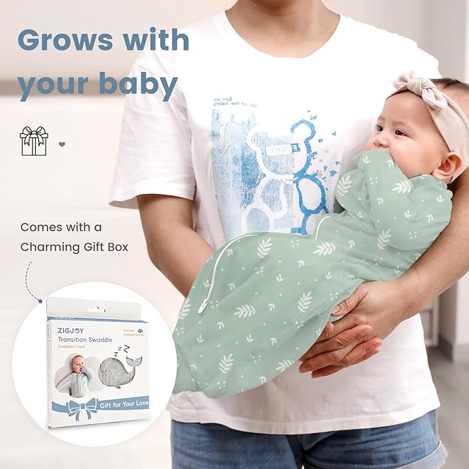 ZIGJOY Baby Transitional Swaddles for Newborns: 0.5 Tog Arms Up Sleep Sack 3-6-12 Months Soft Cotton Shark Fin 2 Way Zipper