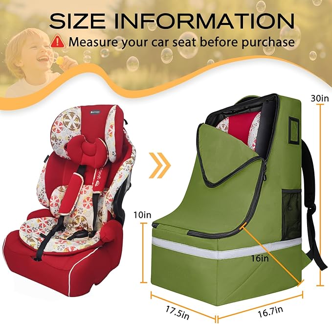 LARIPOP Car Seat Travel Bag for Airplane,Infant Seat Travel Bag with Shoulder Strap,Padded Car Seats Backpack with Reflective Stripes,Large Carseat Carrier Bag Travel Car Seat Cover,Green