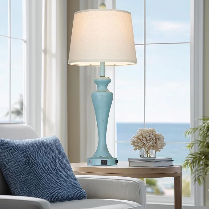 luxeflow 30" Blue Table Lamps Set of 2, Touch Control Coastal Living Room Lamp with USB A+C Ports and AC Outlet, 3-Way Bedside Lamps for Nightstand, Vintage Farmhouse Bedroom Lamp, 2 Bulbs Included