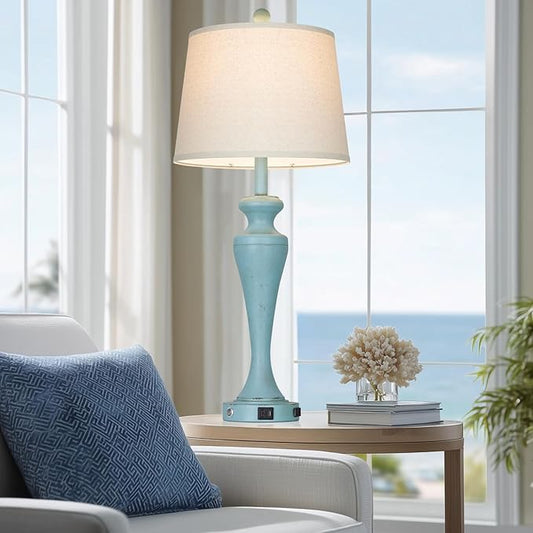 luxeflow 30" Blue Table Lamps Set of 2, Touch Control Coastal Living Room Lamp with USB A+C Ports and AC Outlet, 3-Way Bedside Lamps for Nightstand, Vintage Farmhouse Bedroom Lamp, 2 Bulbs Included