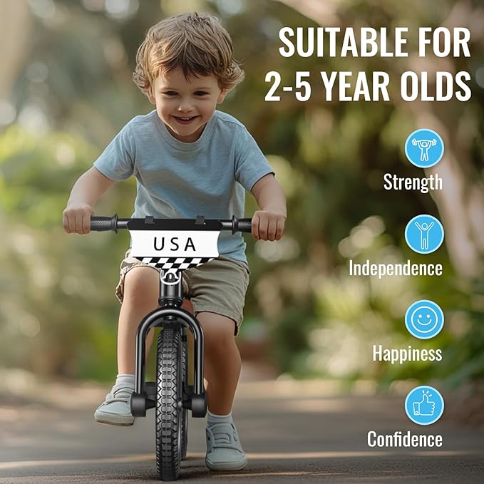 SEREED Toddler Balance Bike 2 Year Old, No Pedal Kids Bicycle Toys for 2-5 Years Old, Tool-Free Adjustment, Customize Plate with Stickers, Gift for 2-3 Boys Girls (Black Lighting)