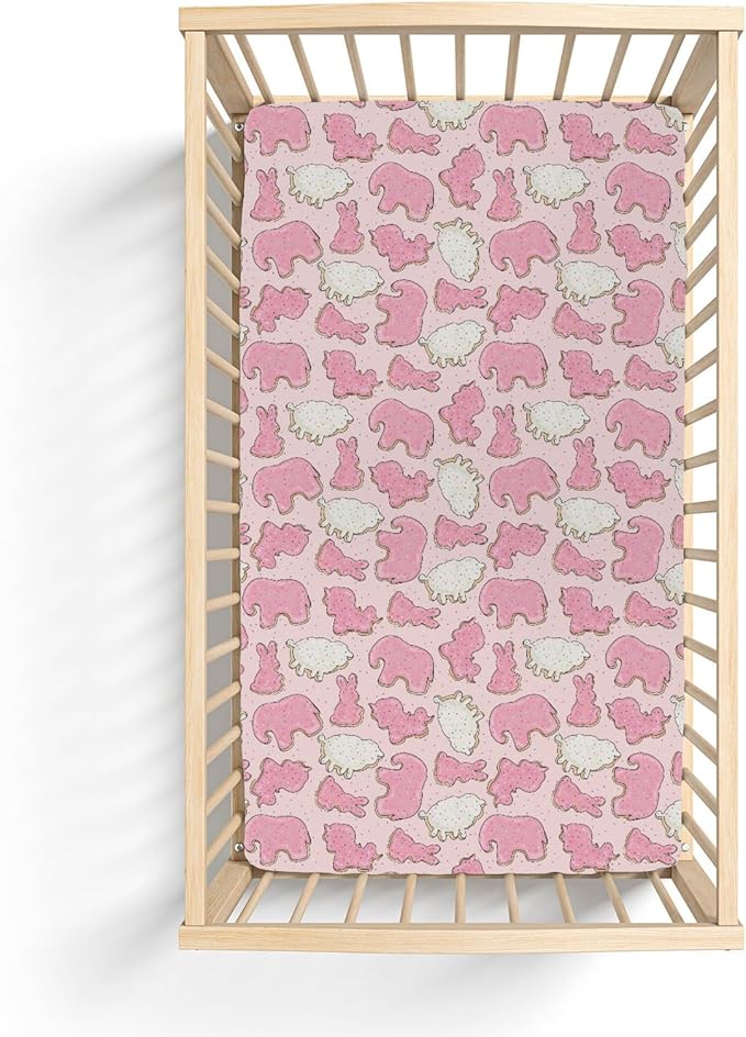 Pink Animal Cookie Baby Crib Sheets for Boy Girl 52"x28" Cute Frosted Animal Cookie Soft Snug Fitted Crib Mattress Cover Circus Animal Biscuits Baby Sheet for Standard Crib & Toddler Bed Mattress