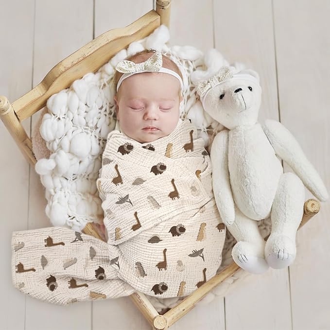 lulumoon Baby Muslin Swaddle Blankets: Soft Receiving Blanket for Newborn - Cotton Swaddling Blanket for Neutral 2Pack(Dinosaur)