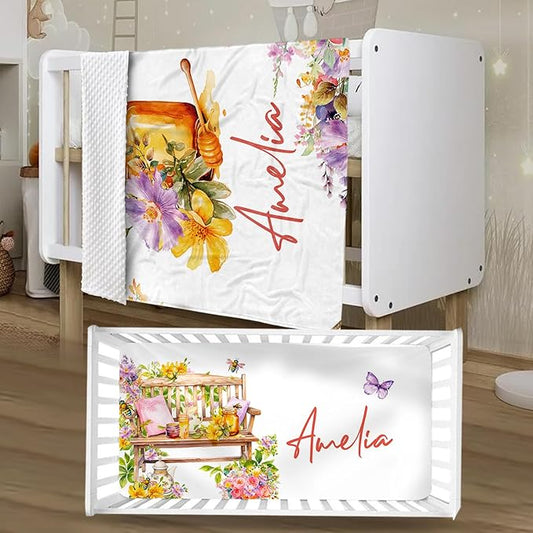 Personalized Baby Crib Bedding Set, Custom Name Colorful Bee Baby Bedding 2-Pcs Set - Soft Double Layer Dotted Blanket and Fitted Sheet, Nursery Bedding for Newborn Boys Girls, Perfect Shower Gift