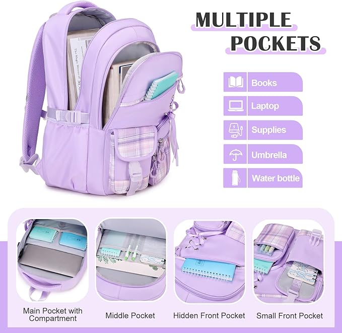 DIGOBAY Backpack for Girls - 3PCS Girls Backpack with Lunch Box & Pencil Pouch Plaid School Backpacks for Elementary Middle High College School Bookbag for Teen Girl Kids Students Purple