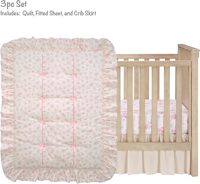 Lambs & Ivy Coquette Floral Pink Bows Aesthetic 3-Piece Baby Crib Bedding Set