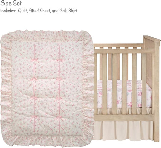 Lambs & Ivy Coquette Floral Pink Bows Aesthetic 3-Piece Baby Crib Bedding Set