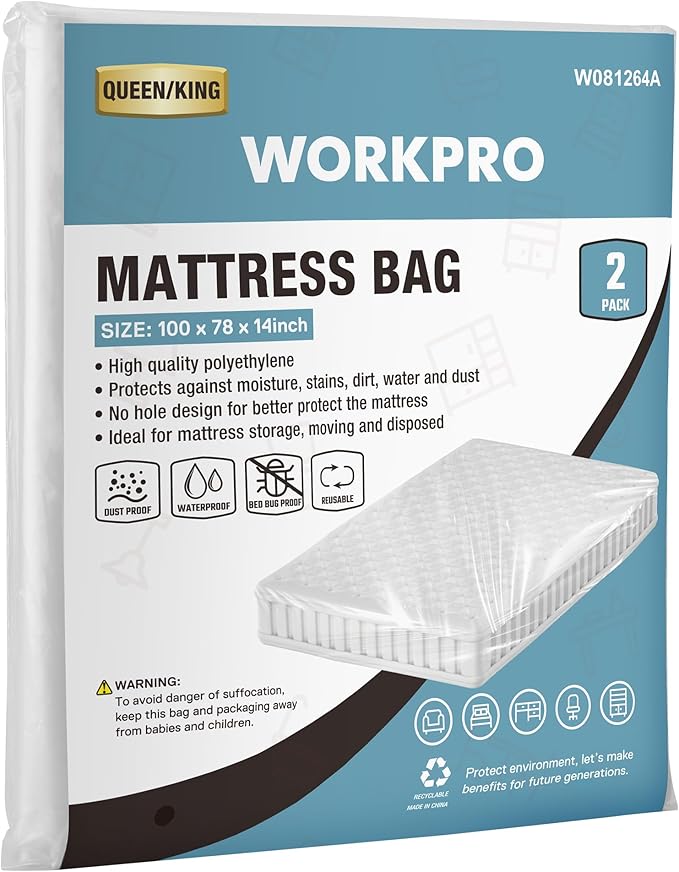 WORKPRO 2-Pack Queen/King Size Plastic Mattress Bags for Moving, 2mil Thick Water-Resistant Mattress Protector Storage Covers, Tear-Resistant Mattress Disposal Cover (78"x100")