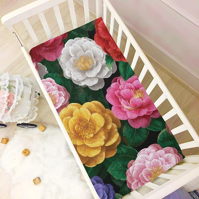 Colorful Camellia Flowers Crib Sheets Standard Crib Toddler Mattresses Cover Fitted Baby Bed Sheet Breathable Crib Mattress Sheet for Girls Boys 39''x27''x9''