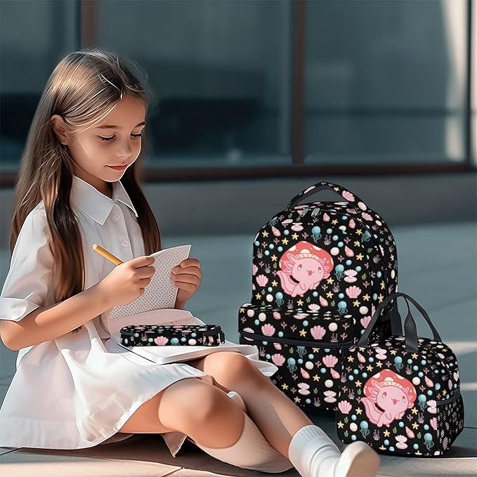 Mercuryelf Axolotl Girls Backpack with Lunch Box Set, 3 in 1 School Travel Backpacks Matching Combo, Black Cute Bookbag and Pencil Case Bundle