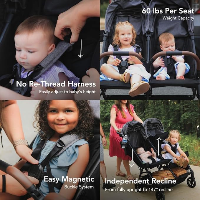 Strolee Lightweight Double Side by Side Stroller - 22 Lbs, 9.5" Compact Fold, Twin Nap Ready Seating, No Rethread Harness, Magnetic Buckle & Ultra Plush Seat 60Lb Per Seat- (v2 Fawn)