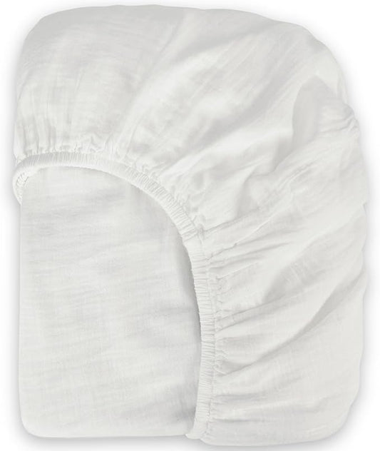 Bioweaves Organic Cotton Muslin Crib Sheet, GOTS Certified Fitted Crib Mattress Sheet, Extra Soft & Breathable for Toddler, Baby Boys & Girls, 52" x 28”, 8 Inch Pocket, White