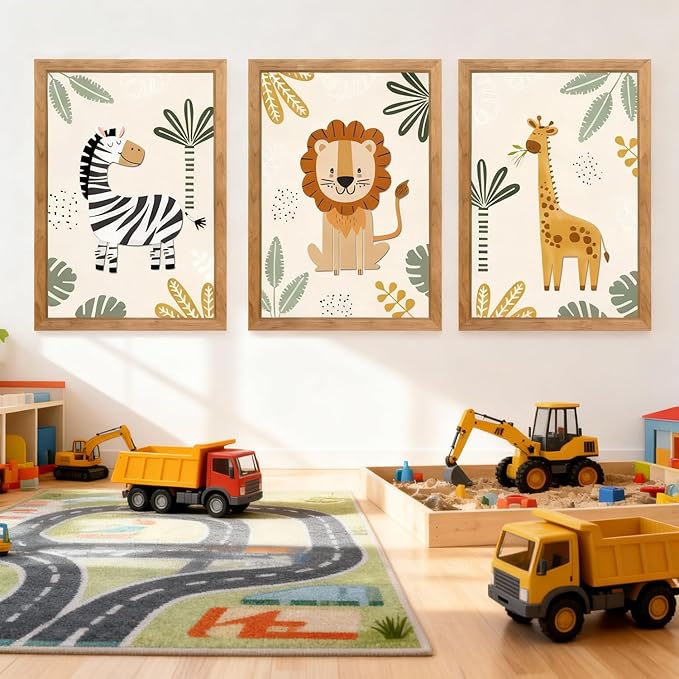 Cute Zebra Lion Giraffe Quote Framed Wall Art Set of 3, 11x16 Boho Educational Animal Wall Sign for Baby Girl Kid Boy Toddlers, Wooden Inspirational Nursery Wall Decor Natural
