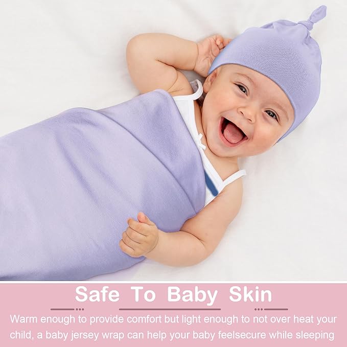 JaGely 2 Pcs Stretchy Baby Swaddle Blankets Set Extra Soft 47" x 47" Baby Newborn Swaddle Blanket and Hat(Pink, Light Purple)