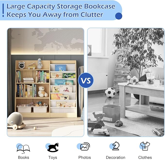 HedoAjim 4 Tier Kids Bookshelf Baby Toddler Book Rack Children Bookcase Toy Storage Organizer with 6 Sling Adjustable Shelf for Nursery Playroom Classroom Library Bedroom Natural Wood