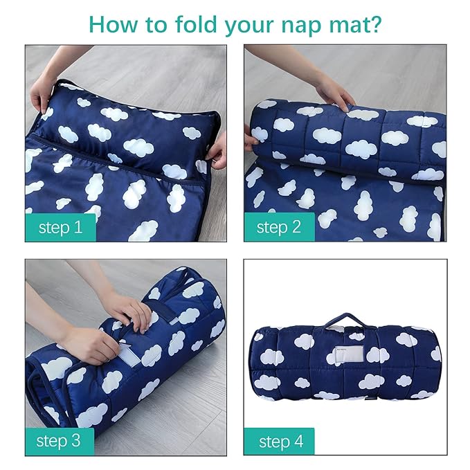 Biloban Toddler Nap Mat with Pillow and Blanket, Portable Nap Mats for Preschool Kindergarten Daycare Roll up Sleeping Bag for Kids Quilted Nap Mat, Super Soft & Cozy, Dark Blue, 50" x 21"