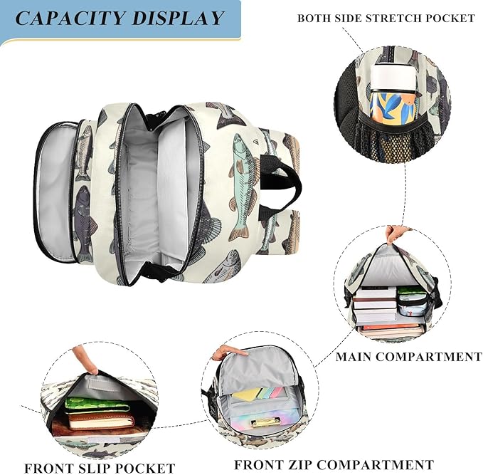 Jucciaco Vintage Fishes School Backpack Laptop Travel Daypack for Kids Girls Boys, Personalized Computer Notebooks Bookbag with Adjustable Padded Straps