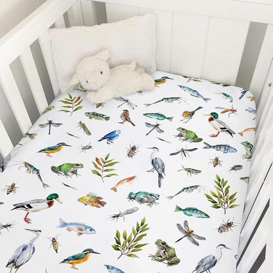 Wildlife Pond Baby Crib Sheets 52''x28'' Wild Animals Frogs Duck Fish Bird Weeds Snug Fitted Crib Mattress Cover for Boy Girl Fishing Hunting Soft Nursery Bed Sheet for Standard Crib Toddler Mattress