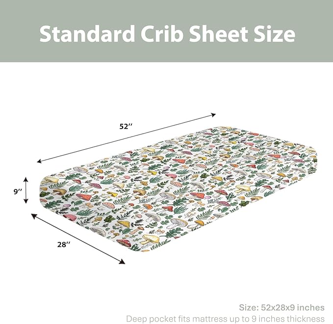 Colorful Mushrooms Green Leaves Baby Crib Sheets for Boy Girl 28"x52" Fall Mushroom Soft Stretchy Fitted Crib Mattress Cover Autumn Baby Sheet for Standard Crib & Toddler Mattress Pad