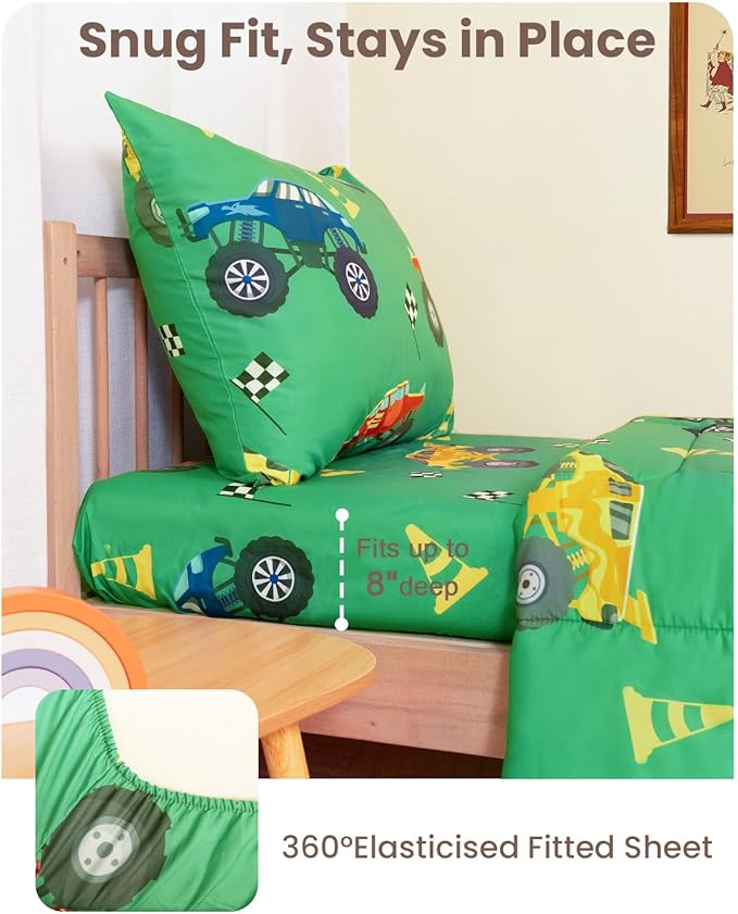 TinyPalsa Toddler Bedding Set, 4-Piece Green Truck Comforter Set for Girls and Boys, Breathable Crib Bedding Includes Ultra-Soft Quilt, Flat and Fitted Sheets, and Reversible Pillowcase