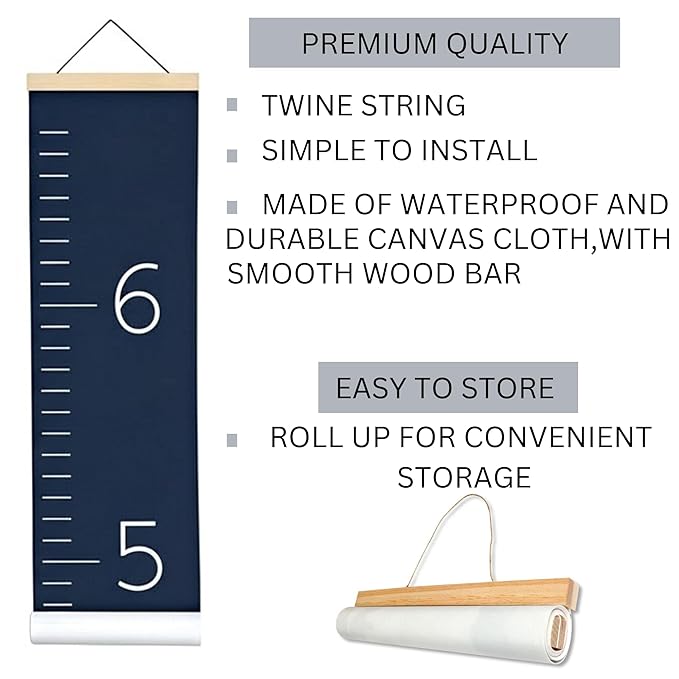 Morxy Canvas Growth Chart for Kids - Unisex Kids Room Wall Decor - Measuring Height Chart- Wall Tape with Height Chart for Kids (Canvas, Plain Steel Blue)